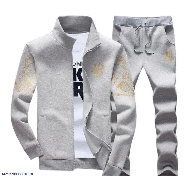 2 pcs Men's fleece printed track suit - grey