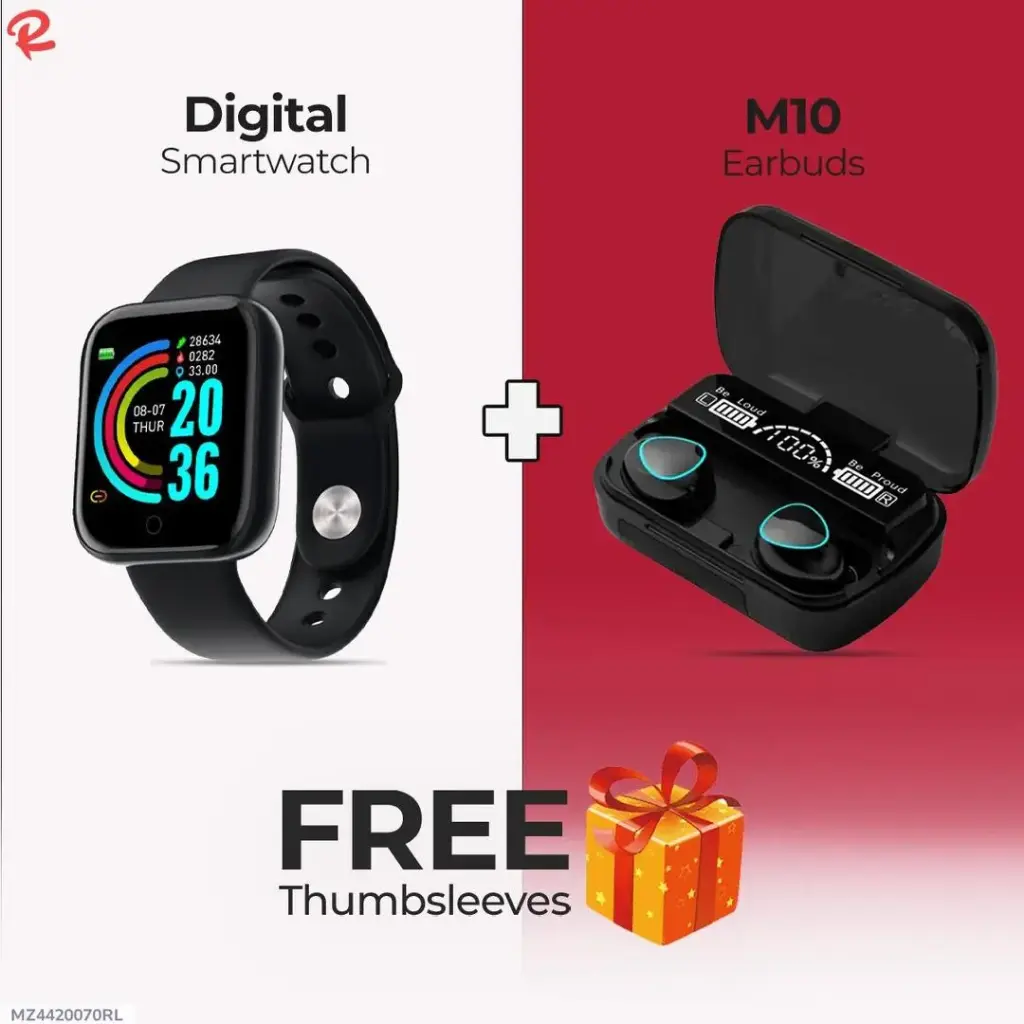 Fashion Combo Digital Smart Watch with M10 Earbuds with free thumbsleeves.