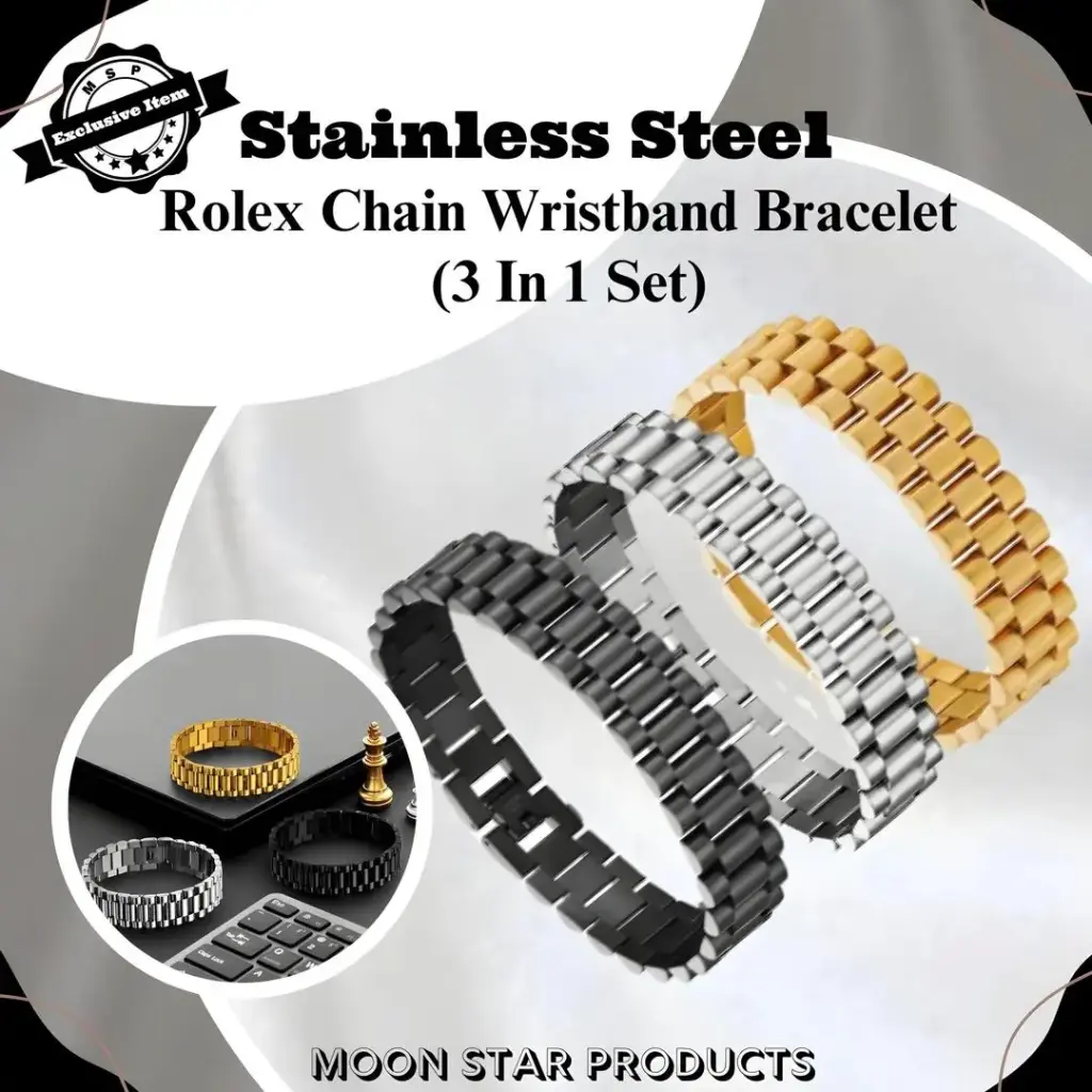 3 pcs Stylish Chain Bracelet Set in Golden, Silver and Black.