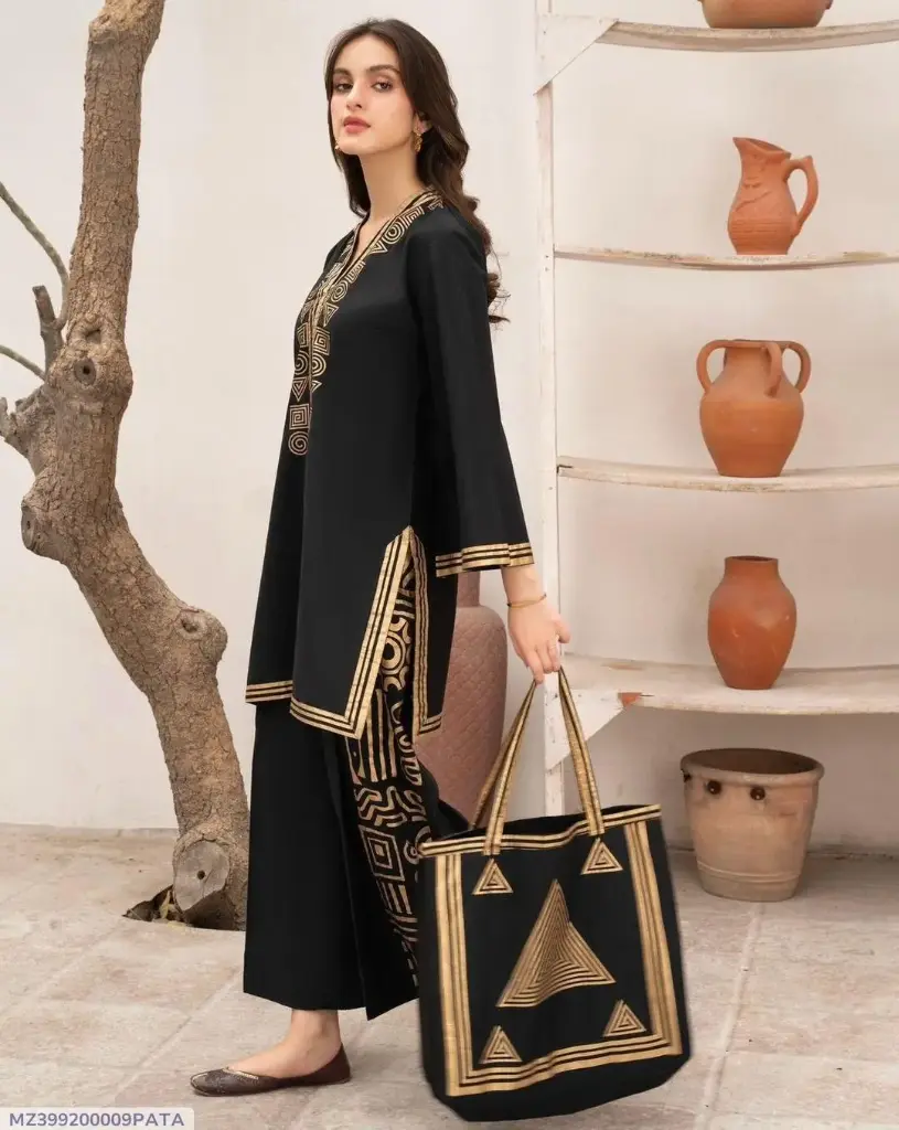 3 pcs women's stitched linen printed suit with Handbag